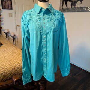 NWT Scully Turquoise Tool Embroidery Button Up Shirt